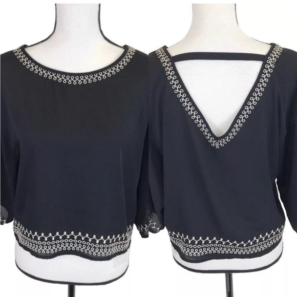 Women’s Navy Blue 3/4 Length Sleeve Crop Top with Cream Embroidery Detail - Picture 8 of 11